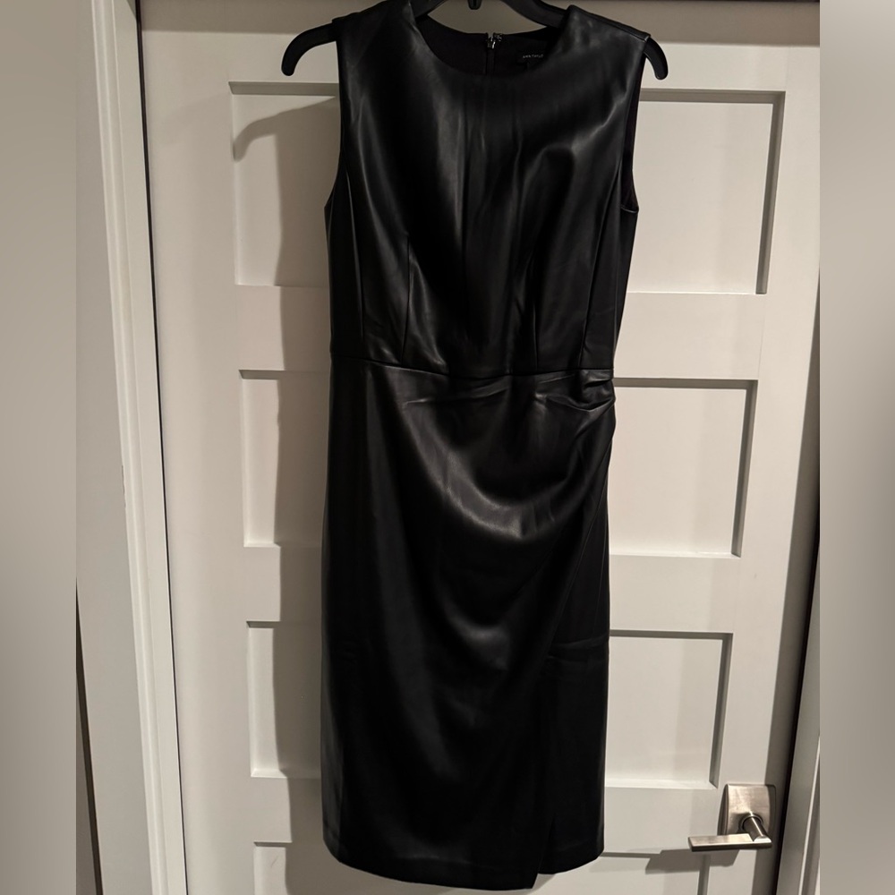Ann Taylor Black Ruched Sheath Faux Leather Midi Dress